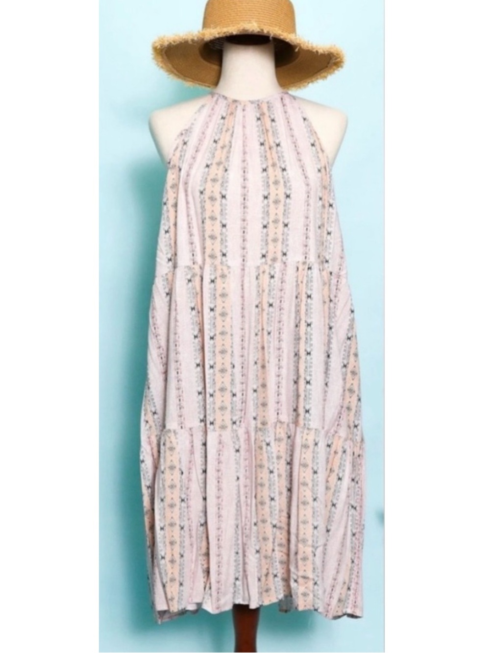 🟠NWT HAPTICS Plus Halter Neck Vertical Stripe Tier Dress in Peach/Pink/Black